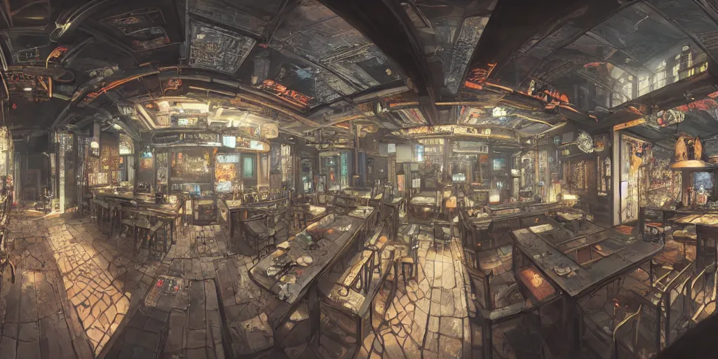 Image similar to Highly detailed realistic interior design in style of Hiromasa Ogura and Josan Gonzalez of detailed cyberpunk tavern with minimalism stone walls and neon lights, a lot of electronics and people, many details. Natural white sunlight from the transperient roof. Panorama on 360 degrees Rendered in 32K in VRAY and DaVinci Resolve and MAXWELL and LUMION 3D, Volumetric natural light