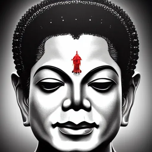 Image similar to michael jackson as buddha follower. matte, facial features, symmetrical anatomy, hyperdetailed, digital art, baroque, pop punk art style, fantasy, body features, posse features, without duplication, art by artgerm and ilya kuvshinov and vinicius gud and gustavo zambelli, intricate, photoshop render.