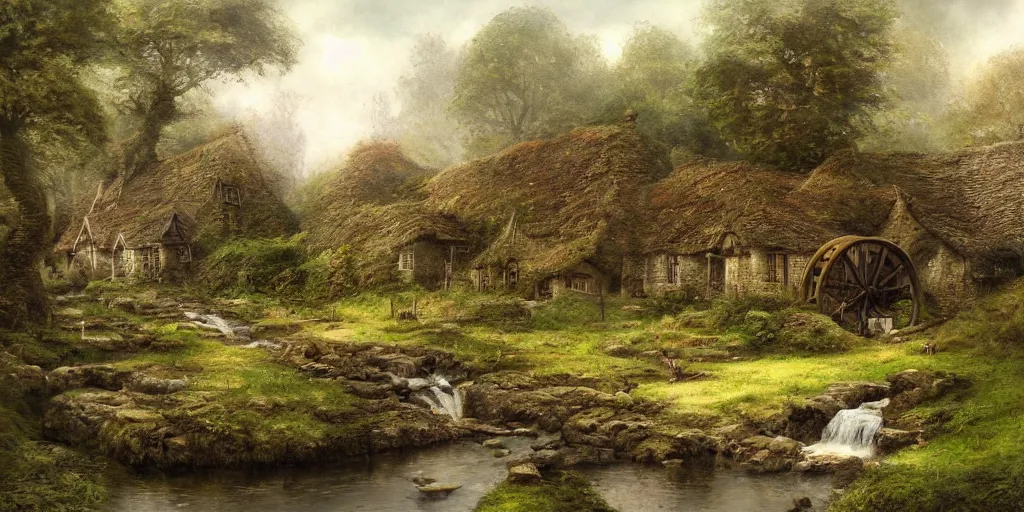 Image similar to a small serene fantasy village on the edge of the woods, small stream, water wheel, by alan lee, lord of the rings, smooth, detailed terrain, oil painting, matte painting, concept art, trending on artstation