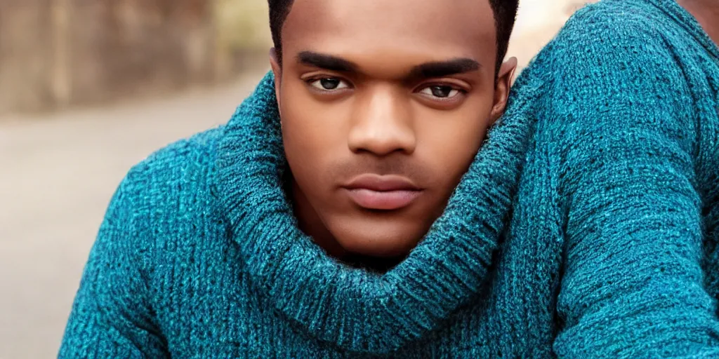 Image similar to Male, Male, Male, Male, Male, short hair, blue hair, dark skin, teal sweater, wavy hair, photograph, hd,