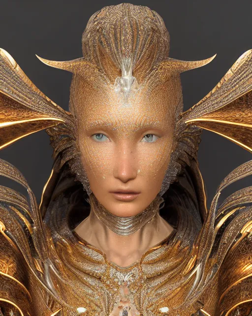 Image similar to a highly detailed metahuman 4 k close up render of an alien goddess bella hadid monument in iris van herpen armor schiaparelli in diamonds crystals swarovski and jewelry iridescent in style of alphonse mucha gustav klimt trending on artstation made in unreal engine 4