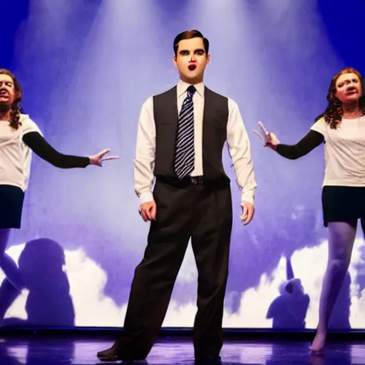 Prompt: award winning Production photo of Ben Shapiro the musical on broadway, dancing, singing, costumes by Julie Taymor, set design by Julie Taymor