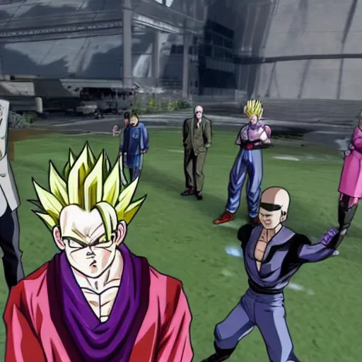 Image similar to grand theft auto in the dragon ball z universe, anime, fighting enemies