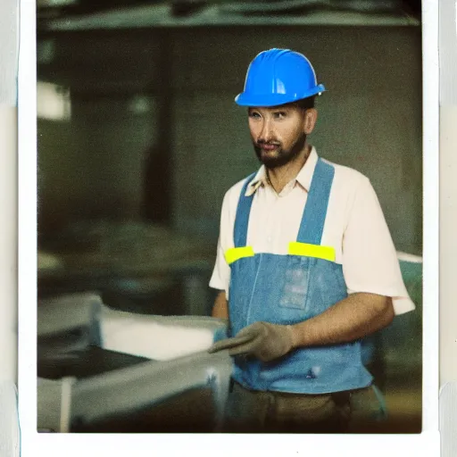 Image similar to a polaroid photo of man doing sort things into sort machines in sortation center warehouse, he's wearing blue cloth and construction hat,, photo from behind, highly details, perfect face shape, cinematic lighting,