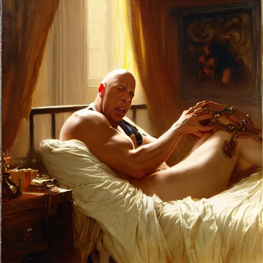 Image similar to vin diesel is in his bed, nervous and terrified, because kat dennings from hell is attacking him. highly detailed painting by gaston bussiere, j. c. leyendecker, greg rutkowski, craig mullins 8 k