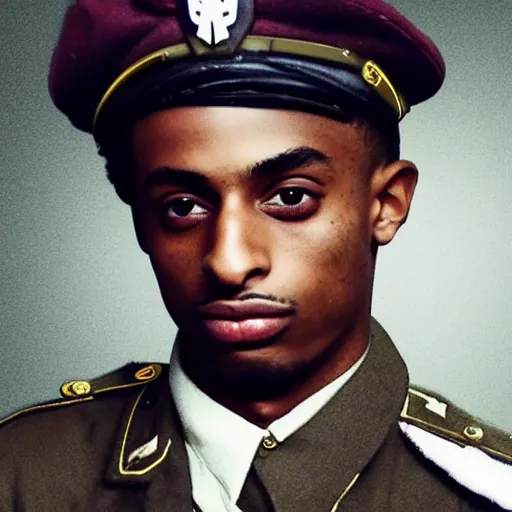 Image similar to playboi carti as a german world war ii soldier captured on a old camera 4 k detailed super realistic