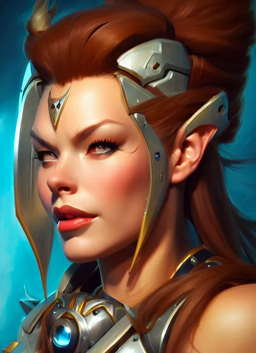 Image similar to lovely brigitte from overwatch, fantasy, fantasy art, character portrait, portrait, close up, highly detailed, scifi art, intricate detail, amazing detail, sharp focus, vintage fantasy art, vintage sci - fi art, radiant light, trending on artstation, caustics, by boris vallejo