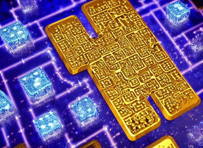 Image similar to ad for a flat square magic golden computer chip with runes and a glowing blue crystal in the center, mana flowing around it, product photo, dynamic composition, hyperrealism, octane render, fluid simulation, trending on artstation, unreal engine 5, 4 k, 8 k