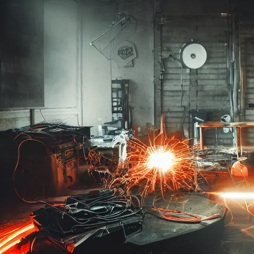 Image similar to pocket calculator, tangles of metallic cables, dark messy smoke - filled cluttered workshop, dark, dramatic lighting, orange tint, sparks, plasma charges, cinematic, highly detailed, sci - fi, futuristic, movie still