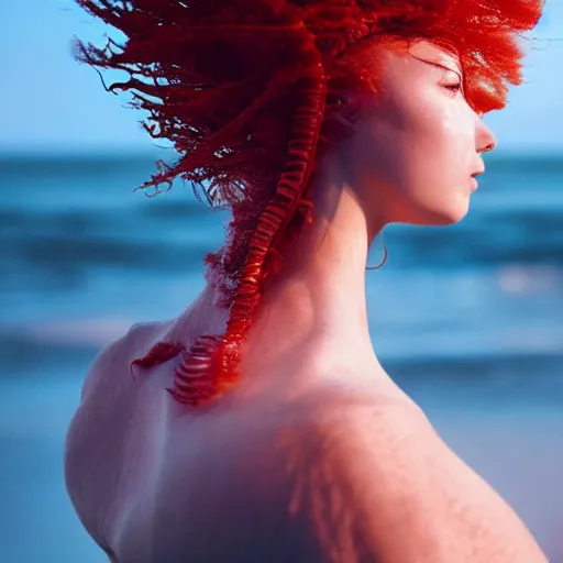 Prompt: flume and former cover art future memaid girl statue bust curls of seaweed hair petite lush side view photography model full natural raw body intimate art contrast vibrant futuristic coral material on style of Jonathan Zawada, Thisset colours simple background objective