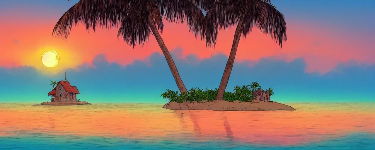 Image similar to small house on a tiny island in the middle of the ocean, (((colorful clouds))), sunset, palm trees, ghibli style