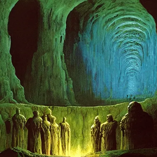 Prompt: a water - filled cavern with dim blue lighting. robed figures worship a statue of cthulu. berserk. painting by beksinski. ted nasmith. john howe. mike mignola.