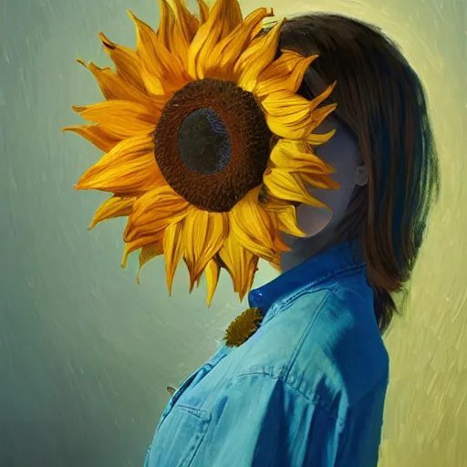 Image similar to giant sunflower head, woman in a luxury apartment, surreal, dramatic light, impressionist painting, digital painting, artstation, van gogh