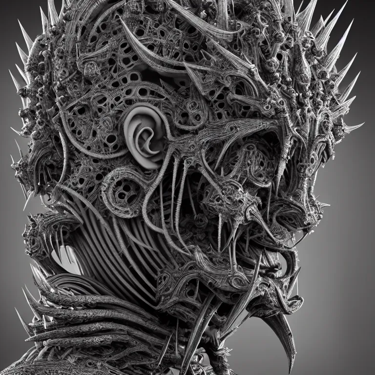 Image similar to biomechanical symmetrical spiky spinal ribbed surreal yama buddhist demon face portrait detailed beautiful BW digital art 3D render sculpture by Giger beautiful detailed intricate insanely detailed octane render, 8K artistic photography, photorealistic