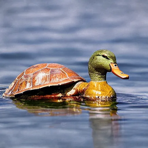 Prompt: a duck head coming out of a turtles shell, high resolution photograph