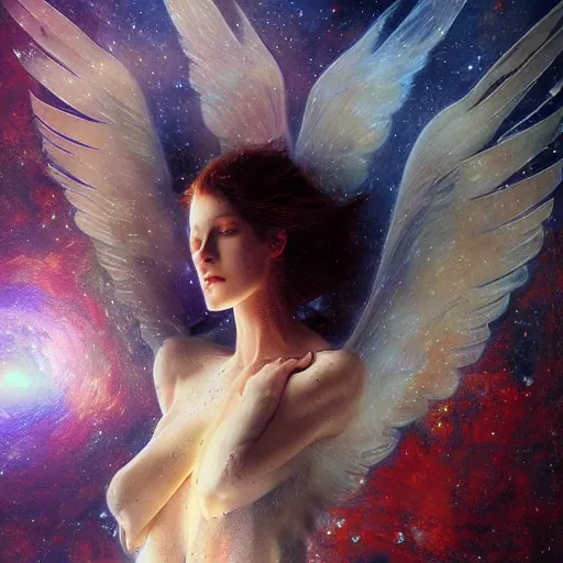 Prompt: UHD hyperrealistic photorealisitc, detailed cosmic Angel robot, with real wings, by Greg Rutkowski and Amano, tonalism, rich deep colors masterpiece