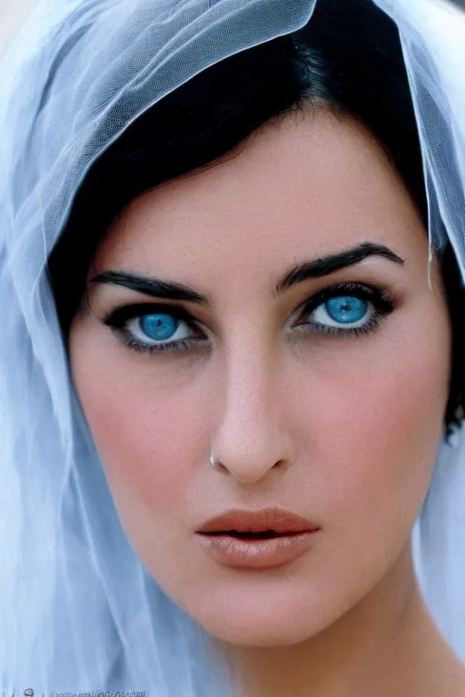 Prompt: young arab Monica Bellucci, blue eyes wearing corrective contact lenses, long wavy black hair, white veil, closeup, focus face, colored, middle eastern