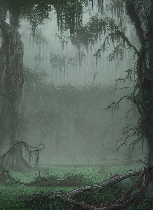 Image similar to a swamp with vines, hidden overgrown ruins, foggy, atmospheric, misty, moebius, detailed, digital art, trending on artstation