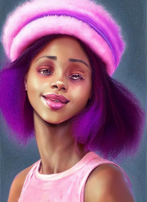 Image similar to portrait of vanessa morgan, black teenage girl, pink hair, wavy pixie haircut, purple newsboy cap, fluffy pink hair coming out from under cap, hoop earrings, subtle confident smile, intricate, elegant, glowing lights, highly detailed, digital painting, artstation, concept art, sharp focus, illustration, art by wlop, mars ravelo and greg rutkowski