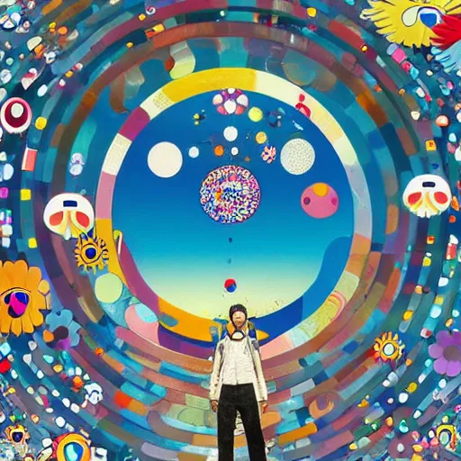 Image similar to a man in the center of the camera walking on clouds away from the camera above kyoto by takashi murakami, beeple and james jean, aya takano color style, 4 k, super detailed, modern, 4 k, symmetrical