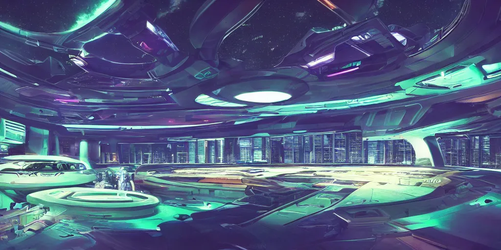 Image similar to a modern luxury spaceship on a landing pad in a busy neon-lit futuristic city