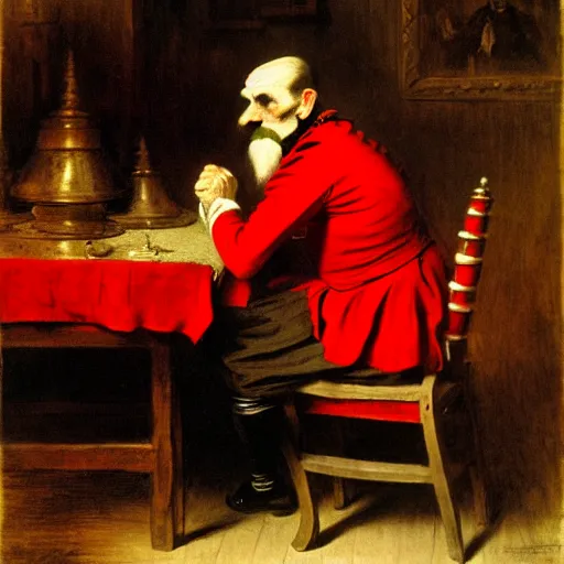 Image similar to 1862, a plotting man in a red jester suit sitting in a wooden chair near a table covered with cloth. the room is dimly lit. art style of Jan Matejko, ominous, realistic, highly detailed