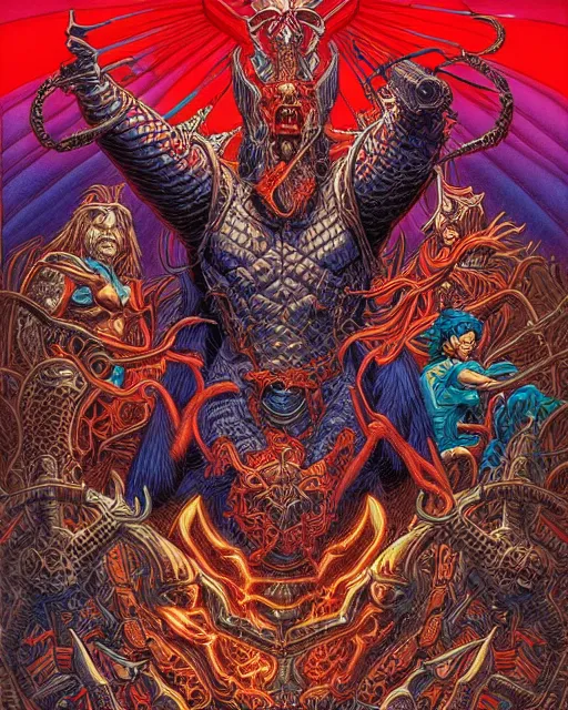 Prompt: hyper detailed illustration of ragnarok, intricate linework, post by greg hildebrandt. 8 0 s fantasy artwork. vibrant colors. red shading