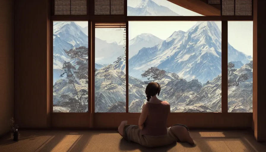 Image similar to woman on the floor looking mountains through windows in old japanese house built on mountains, hyperdetailed, artstation, cgsociety, 8 k