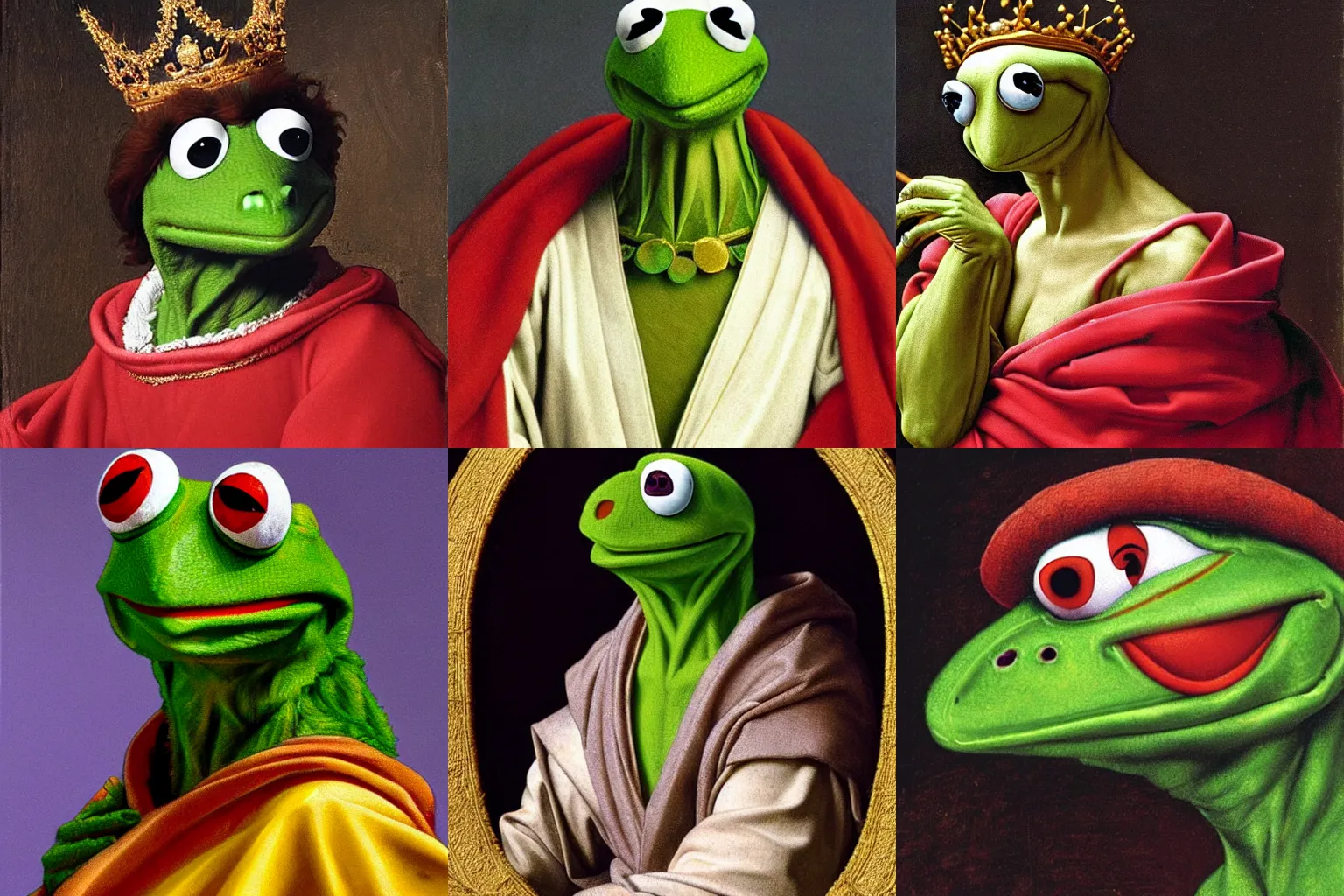 Image similar to A extremely highly detailed majestic hi-res beautiful, highly detailed head and shoulders painting of kermit the frog in royal medieval kingly robes by Michelangelo Merisi da Caravaggio,