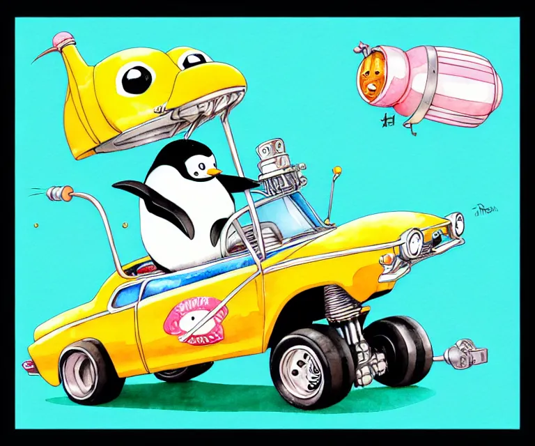 Image similar to cute and funny, penguin riding in a tiny hot rod with an oversized engine, ratfink style by ed roth, centered award winning watercolor pen illustration, isometric illustration by chihiro iwasaki, edited by range murata, tiny details by artgerm and watercolor girl, symmetrically isometrically centered, sharply focused