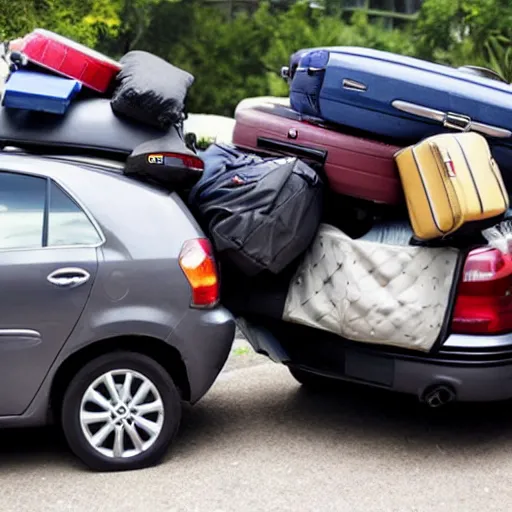 Image similar to a car totally overloaded with hundreds of suitcases and stuff