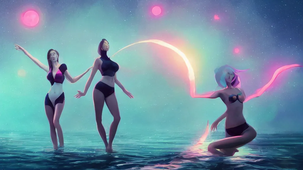 Image similar to beautiful seductive women standing in a lake reaching for the stars, underneath a multi-colored binary blackhole with an accretion disc, by Lois van Baarle, by Greg Rutkowski, by artgerm, by beeple, volumetric lighting, 4k resolution, octane render, trending on artstation