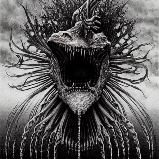 Image similar to lionfish beksinski, eldritch, apocalypse, creepy creature, horror spooky