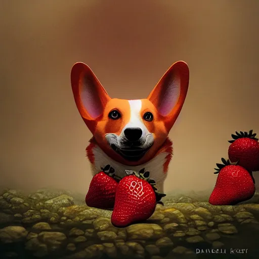 Prompt: cross between a corgi and a strawberry : by michal karcz, daniel merriam, victo ngai and guillermo del toro : ornate, dynamic, particulate, intricate, elegant, highly detailed, centered, artstation, smooth, sharp focus, octane render