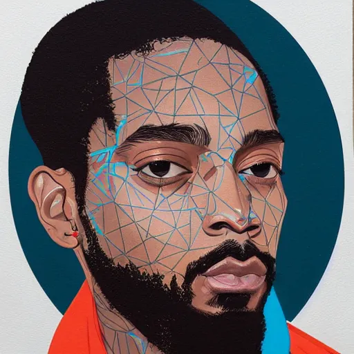 Prompt: Nipsey Hussle Crip profile picture by Sachin Teng, asymmetrical, Organic Painting , geometric shapes, hard edges, energetic, graffiti, street art:2 Highly detail, Masterpiece by Sachin Teng:4