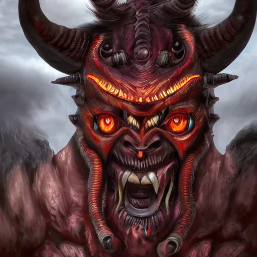 Prompt: an oni with long horns coming out of his forehead, 8K resolution, digital art, eldritch, hyper realistic, intricately detailed, Trending on Artstation