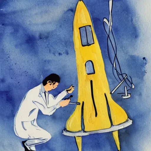 Prompt: doctor performing surgery on a rocket, blue watercolor painting