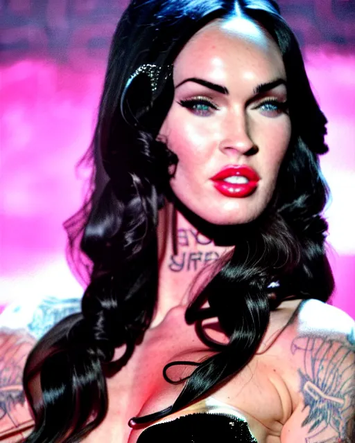 Prompt: megan fox with dark eye makeup, fancy vegas show girl in on stage, long windblown black hair octane