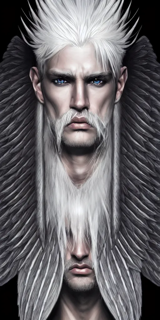 Image similar to portrait of symmetric detailed terrifying male - angel with white hair with detailed white wings flying in black smoke, ultra realistic, epic, highly detailed, hd, sharp focus, cinematic lighting, realistic, vivid colors, gritty, matt painting, digital art, non blurry, sharp, artstation, concept art, smooth, illustration.