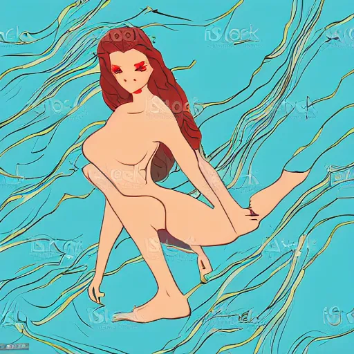 Image similar to alien beautiful hybrid woman laying on beach highly detailed vector art cell shaded pretty ilya kushinov