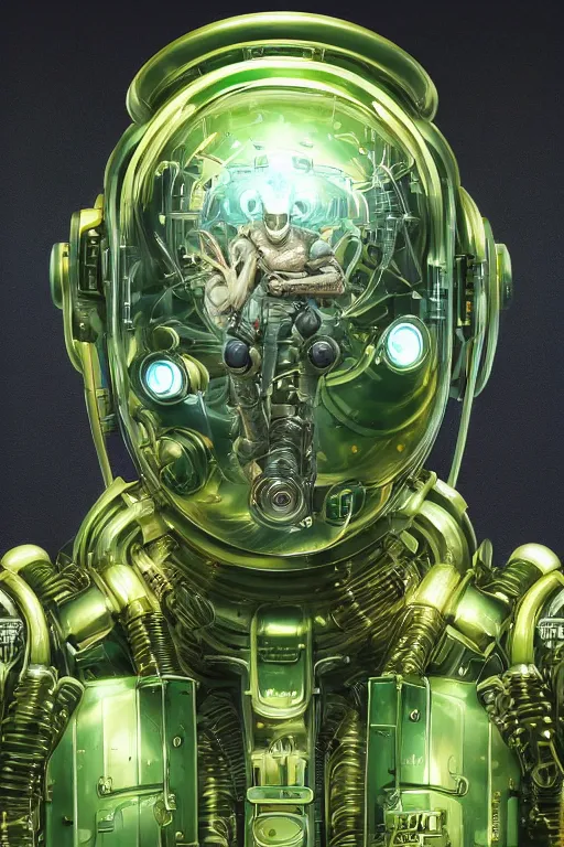 Image similar to Portrait of a biopunk sci-fi cyborg, third person, D&D, sci-fi fantasy, tubes and tanks and bulkheads, intricate, green and gold, highly detailed, art by Range Murata, highly detailed, 3d, octane render, bright colors, digital painting, trending on artstation, sharp focus, illustration style of Stanley Artgerm, background in a cinematic