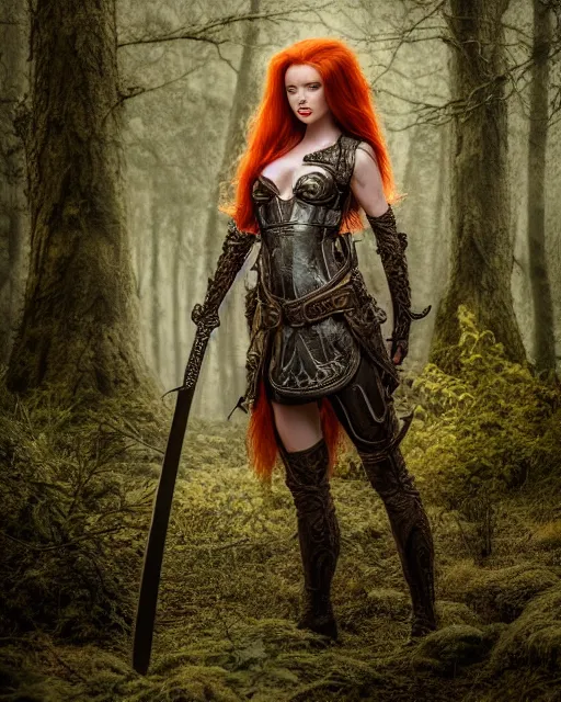 Image similar to 5 5 mm portrait photo of an armored redhead woman with a sword, and antlers growing from her head. magical forest in the backgeound. by luis royo. highly detailed 8 k. intricate. lifelike. soft light. nikon d 8 5 0. cinematic post - processing