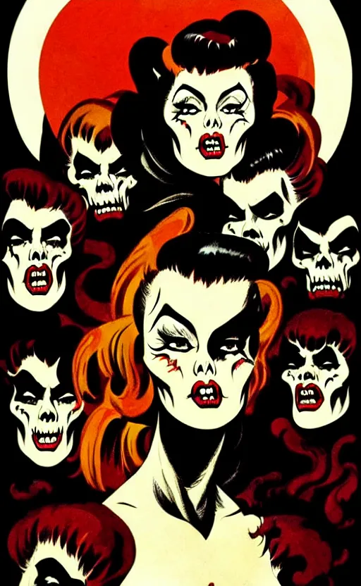 Image similar to witches sabbath, detailed faces, psychobilly, rockabilly, punk, white background, vector art, illustration by frank frazetta