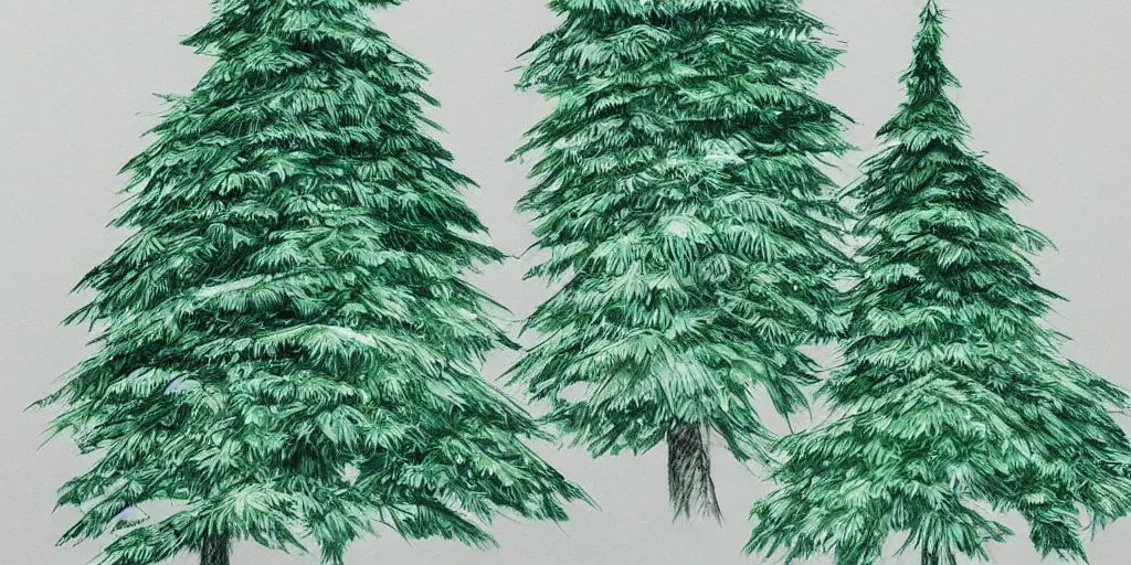 Prompt: elaborate concept art sketches of green spruce trees in a side view, trending on artstation in a stylized studio ghibli look, high quality detailed, award winning