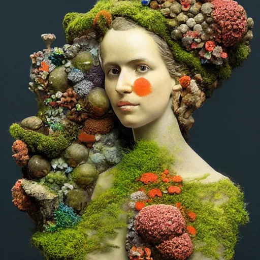 Image similar to a sculpture portrait made of moss and coral reefs and crystals and plants, painting part by wojciech siudmak, part by ilya repin, part by max ernst, part by norman rockwell, artstation