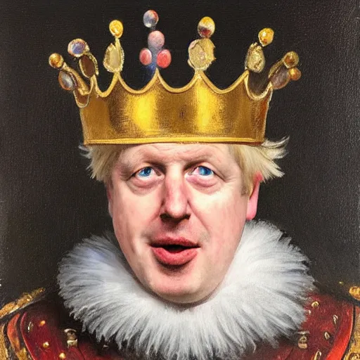 Image similar to boris johnson, wearing a crown, making a silly face, oil painting by jan matejko