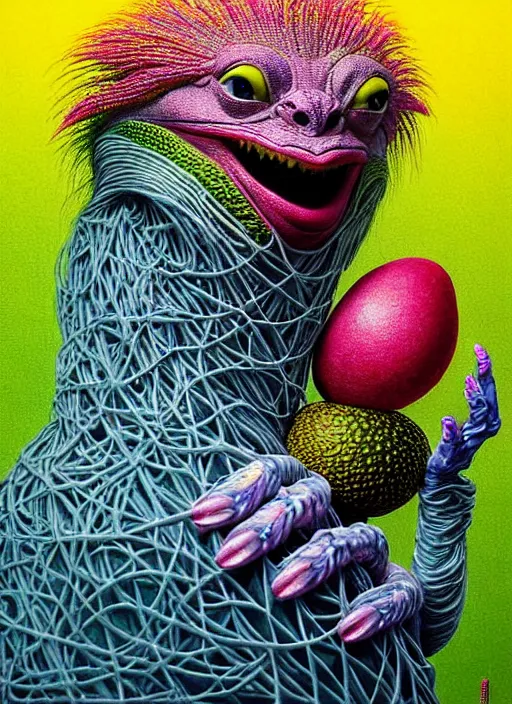 Image similar to hyper detailed 3d render like a Oil painting - kawaii portrait Aurora (a skeksis from dark crystal that looks like Larry David) seen Eating of the Strangling network of yellowcake aerochrome and milky Fruit and His delicate Hands hold of gossamer polyp blossoms bring iridescent fungal flowers whose spores black the foolish stars by Jacek Yerka, Ilya Kuvshinov, Mariusz Lewandowski, Houdini algorithmic generative render, Abstract brush strokes, Masterpiece, Edward Hopper and James Gilleard, Zdzislaw Beksinski, Mark Ryden, Wolfgang Lettl, hints of Yayoi Kasuma, octane render, 8k