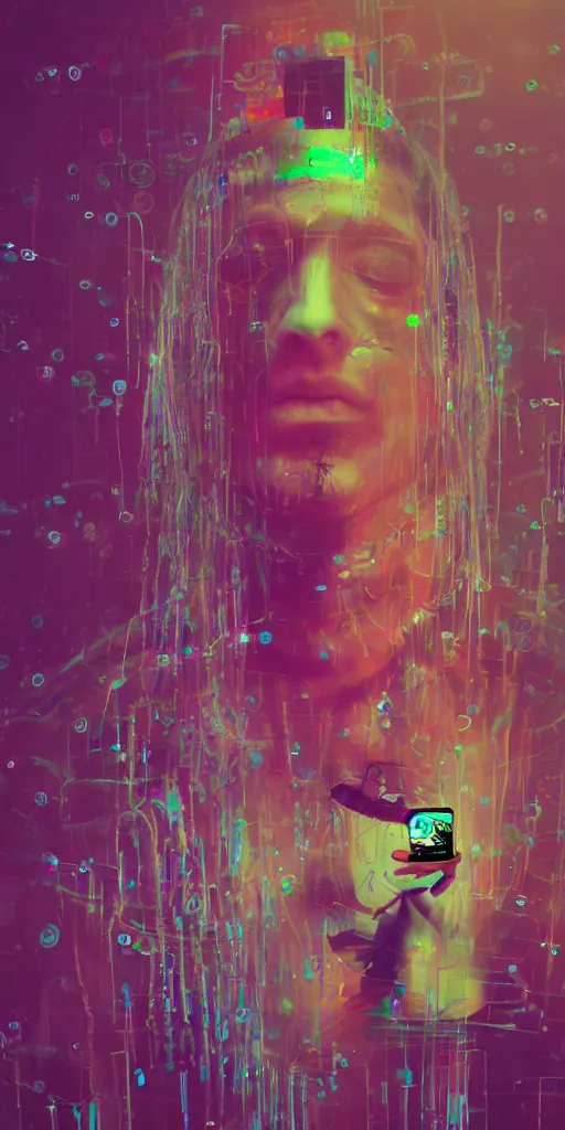 Image similar to man becomes controlled by a smartphone he gazes at while he played like a marionette, puppet, intricate complexity, horror, psychedelic glitch art, rainbow drip paint, trending on art station, photoreal, 8k, octane render