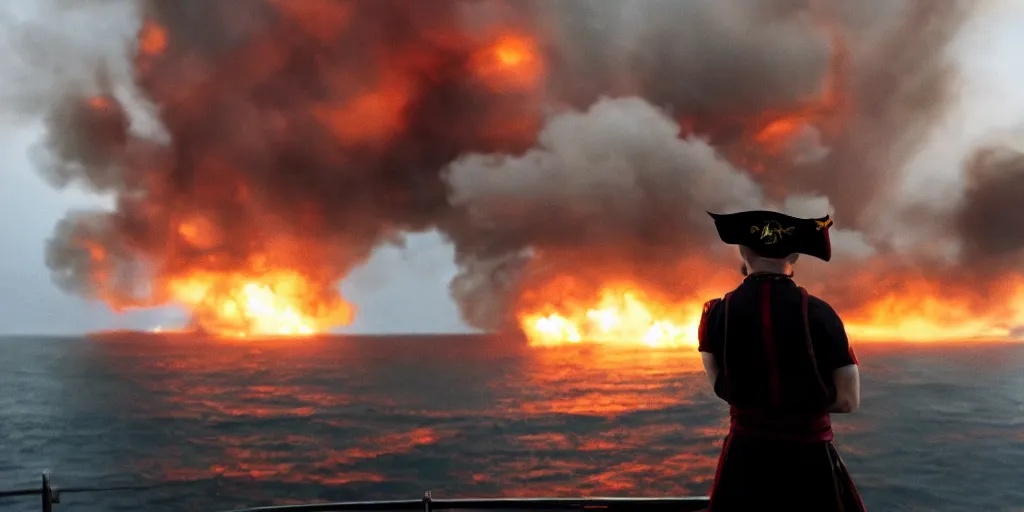 Image similar to a pirate standing on the edge of the ship, big explosion on the background, dramatic atmosphere