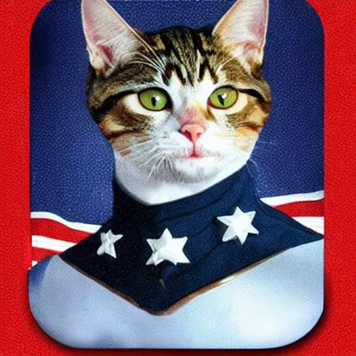 Prompt: cat as american captain, realistic, by marvel